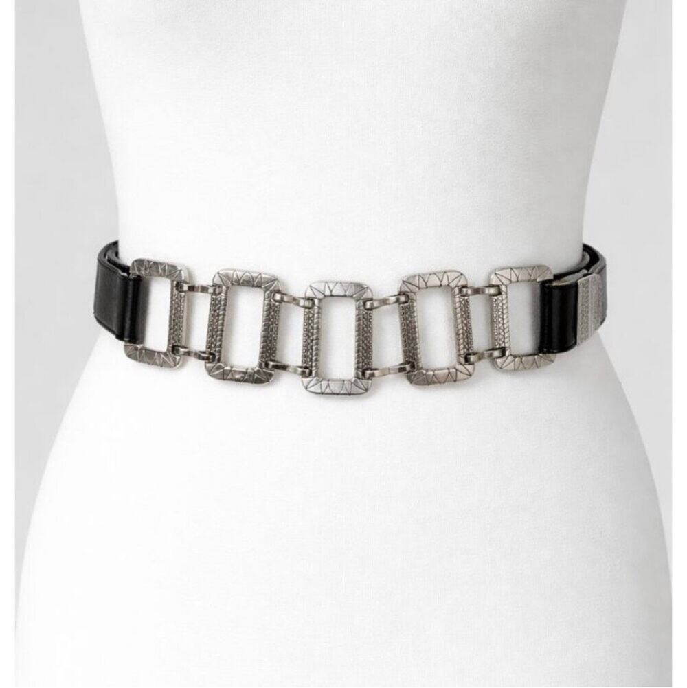 Chico's Silver Tone Geometric Link Stretch Belt Black Faux Leather M/L Statement